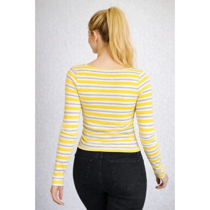 Kadın Kare Yaka Çizgili Fitilli Bluz - Uzun Kollu Slim Fit Esnek Body