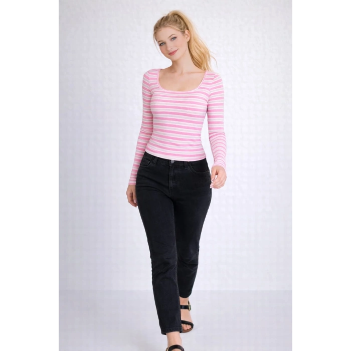 Kadın Kare Yaka Çizgili Fitilli Bluz - Uzun Kollu Slim Fit Esnek Body