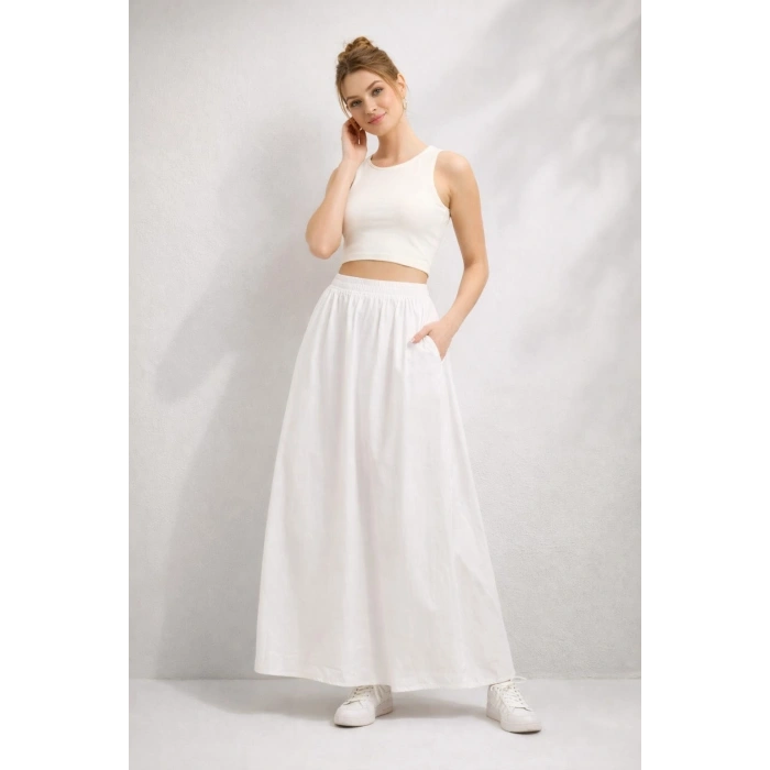Yüksek Bel Lastikli Uzun Etek Rahat Kesim Günlük ve Şık Tasarım