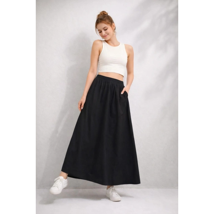 Yüksek Bel Lastikli Uzun Etek Rahat Kesim Günlük ve Şık Tasarım