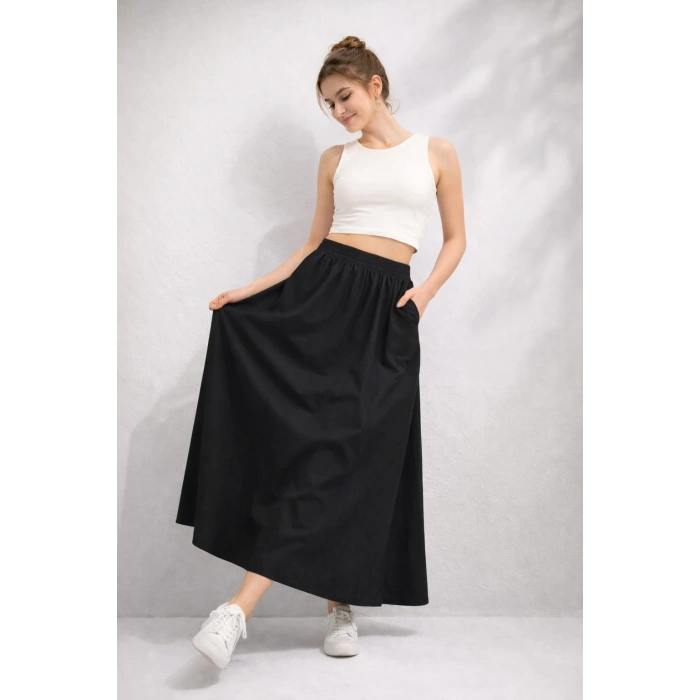 Yüksek Bel Lastikli Uzun Etek Rahat Kesim Günlük ve Şık Tasarım