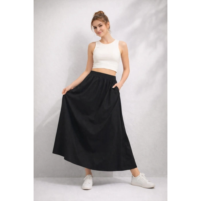 Yüksek Bel Lastikli Uzun Etek Rahat Kesim Günlük ve Şık Tasarım