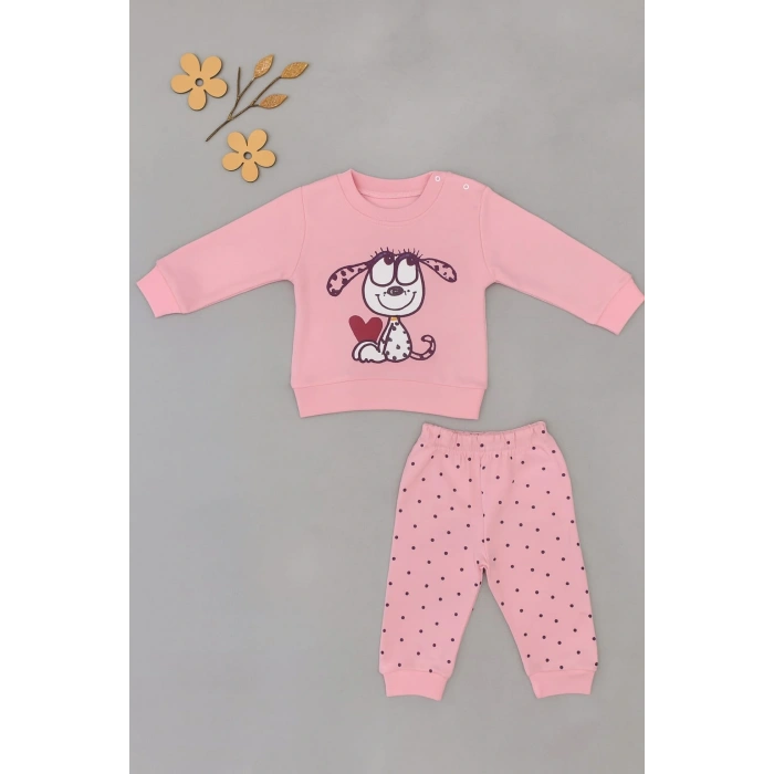 Bebek 2’li Takım – Sevimli Köpek Baskılı Sweatshirt ve Noktalı Pantolon