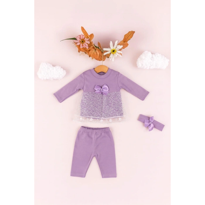 Bebek Kız Pamuklu 3’lü Takım – Dantel Detaylı Elbise, Tayt ve Fiyonklu Saç Bandı