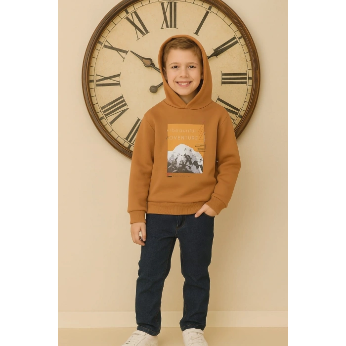 Dağ Manzaralı Baskı Detaylı Kapüşonlu Çocuk Sweatshirt