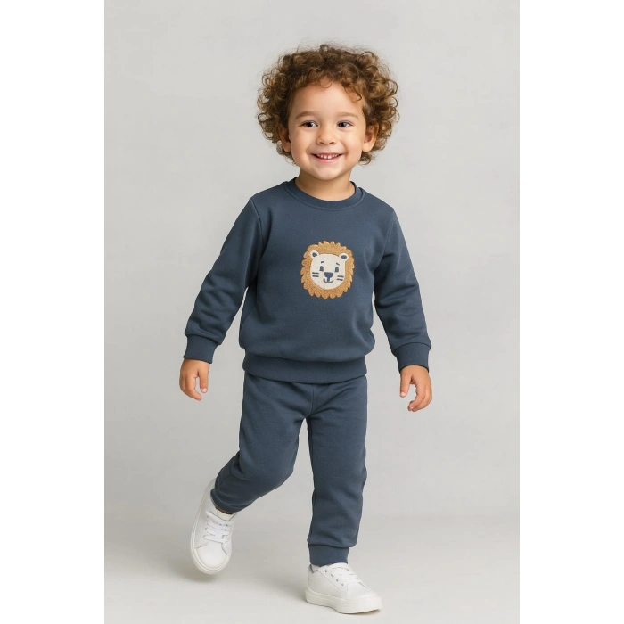 Erkek Çocuk Aslan Nakışlı 2’li Takım – Sweatshirt ve Alt Eşofman %100 Pamuk