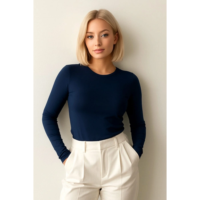 Kadın Uzun Kollu Basic Düz Form Fit Bluz