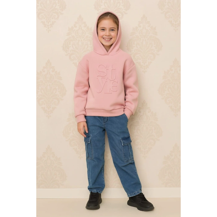 Kapüşonlu Kabartma Yazılı Çocuk Sweatshirt