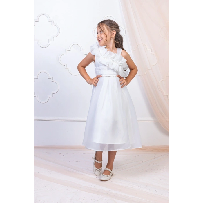 Kız Çocuk Tek Omuz Fırfır Detaylı Abiye Elbise