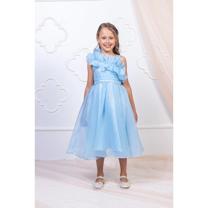Kız Çocuk Tek Omuz Fırfır Detaylı Abiye Elbise