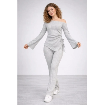 İklimix Kadın Kaşkorse Takım - Kayık Yaka ve Bağlamalı Triko Bluz & İspanyol Paça Pantolon