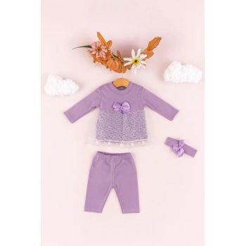 Bebek Kız Pamuklu 3’lü Takım – Dantel Detaylı Elbise, Tayt ve Fiyonklu Saç Bandı