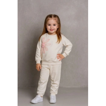 Büyük Çiçek Nakışlı %100 Pamuk 2’li Çocuk Eşofman Takımı