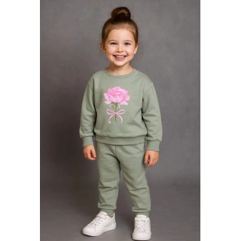 Kız Çocuk %100 Pamuk Gül Baskılı Eşofman Takımı
