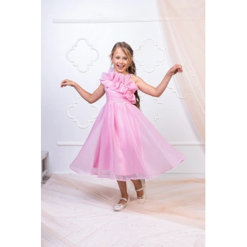 Kız Çocuk Tek Omuz Fırfır Detaylı Abiye Elbise