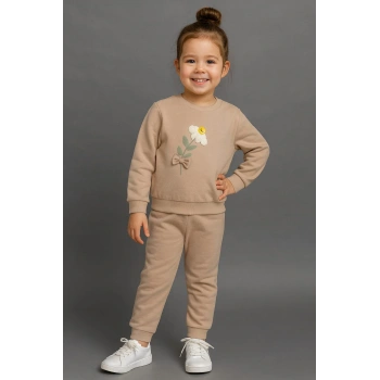 Papatya Nakışlı %100 Pamuk 2’li Çocuk Eşofman Takımı