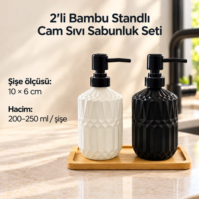 2li Bambu Standlı Cam Sıvı Sabunluk Seti