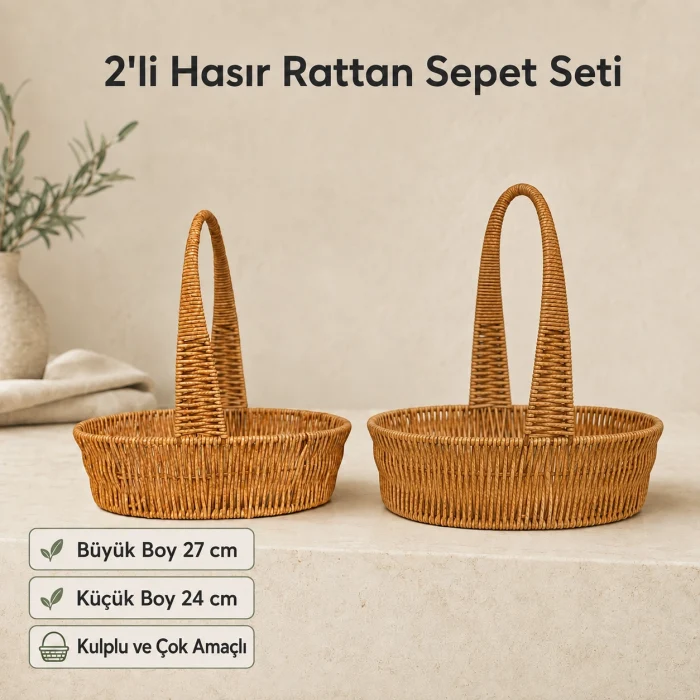 2li Hasır Rattan Sepet Seti