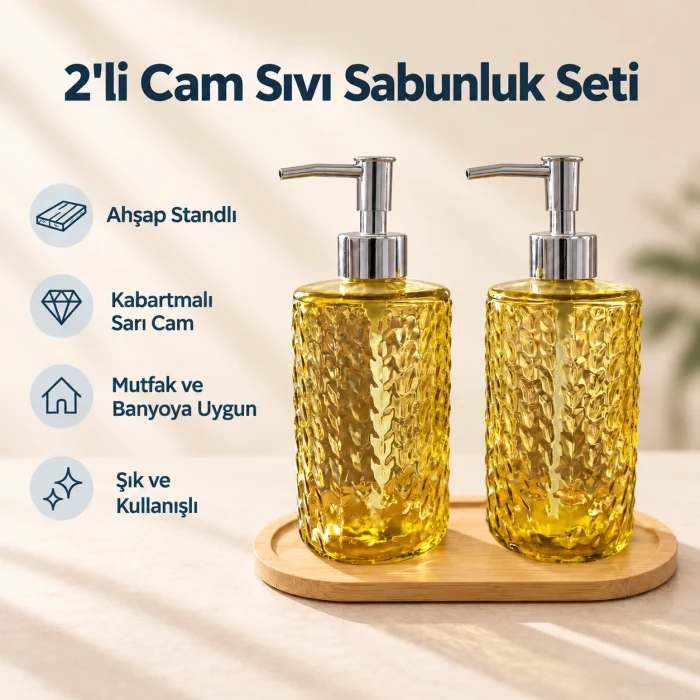 2li Sarı Cam Sıvı Sabunluk Seti - 400 ml