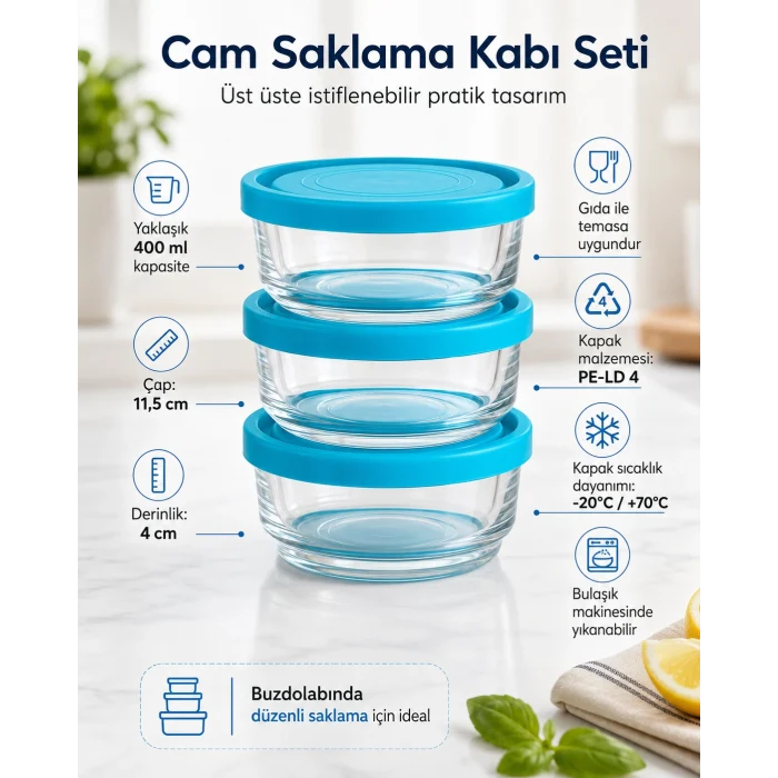 3lü Cam Saklama Kabı Seti - 400ml x 3