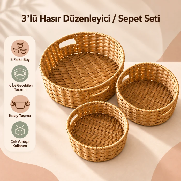 3lü Hasır Düzenleyici / Sepet Seti
