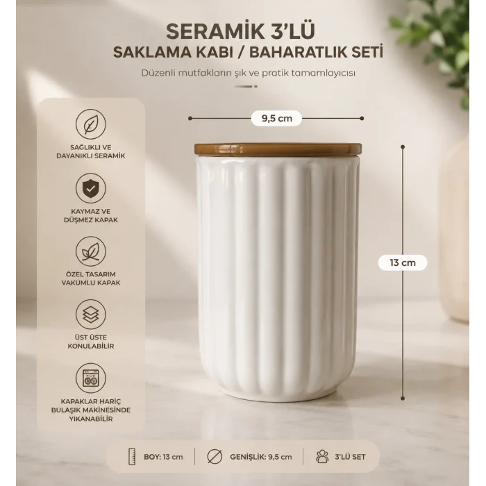 3lü Seramik Saklama Kabı / Baharatlık Seti