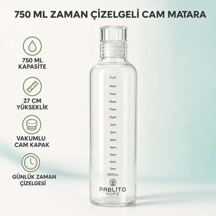 750 ml Zaman Çizelgeli Cam Matara