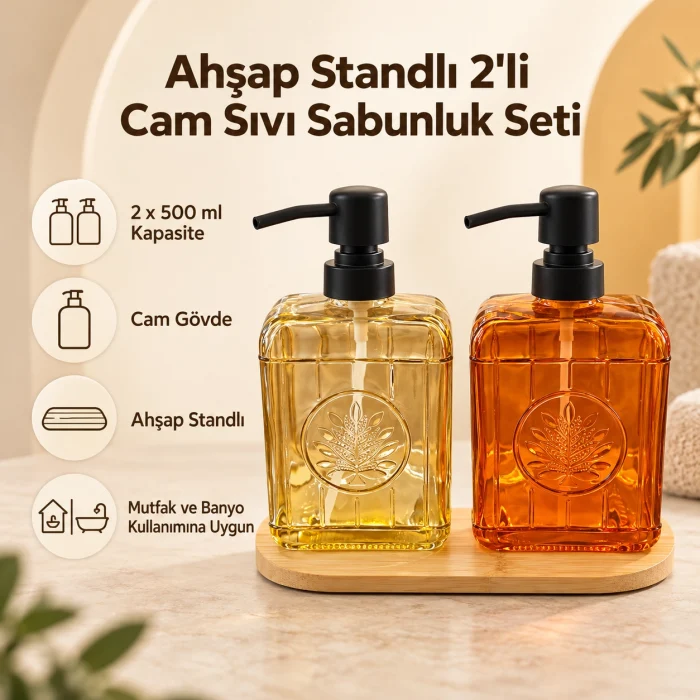 Ahşap Standlı 2li Cam Sıvı Sabunluk