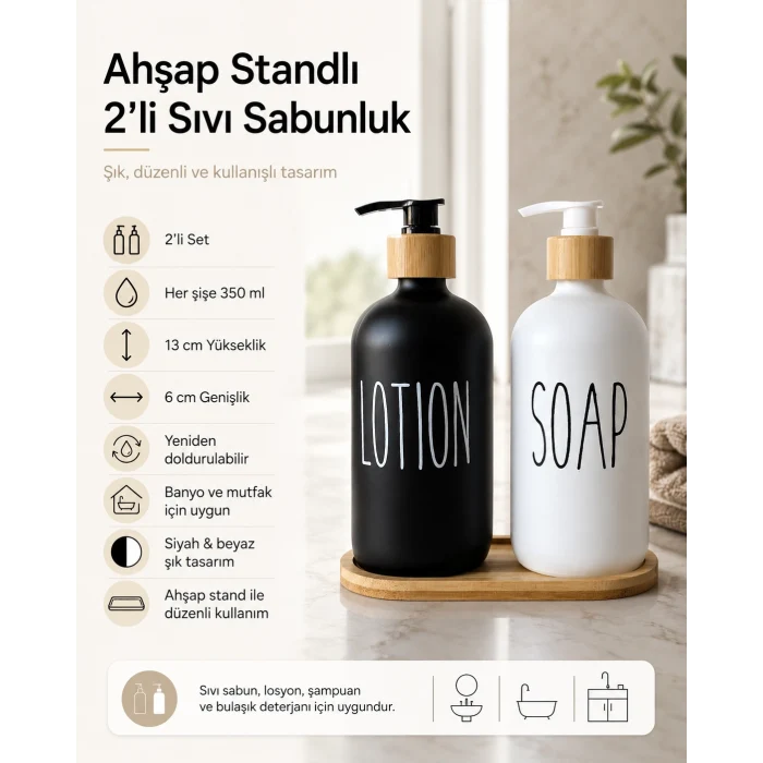 Ahşap Standlı 2li Sıvı Sabunluk