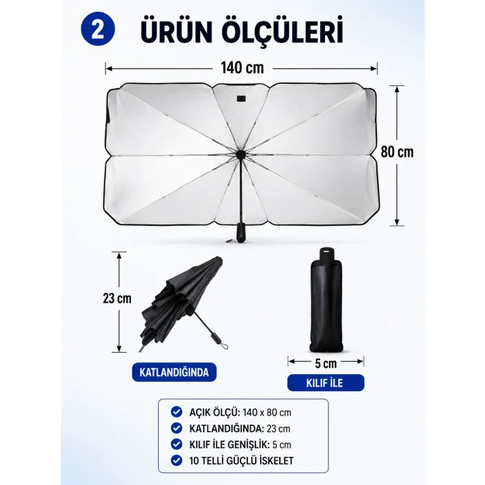 Araç İçi Şemsiye Güneşlik - 140cmx80cm