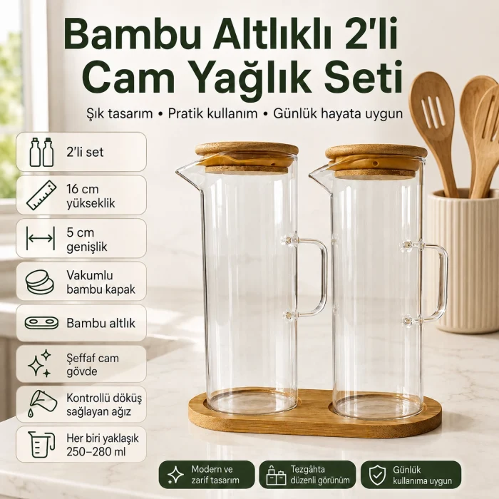 Bambu Altlıklı 2li Cam Yağlık Seti