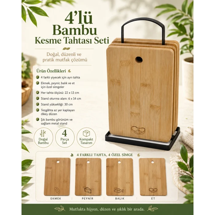 Bambu Kesim Panosu - Metal Standlı 4lü