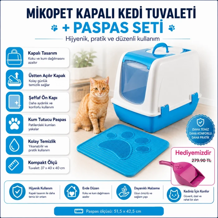 Mikopet Küçük Kapalı Kedi Tuvaleti Mavi
