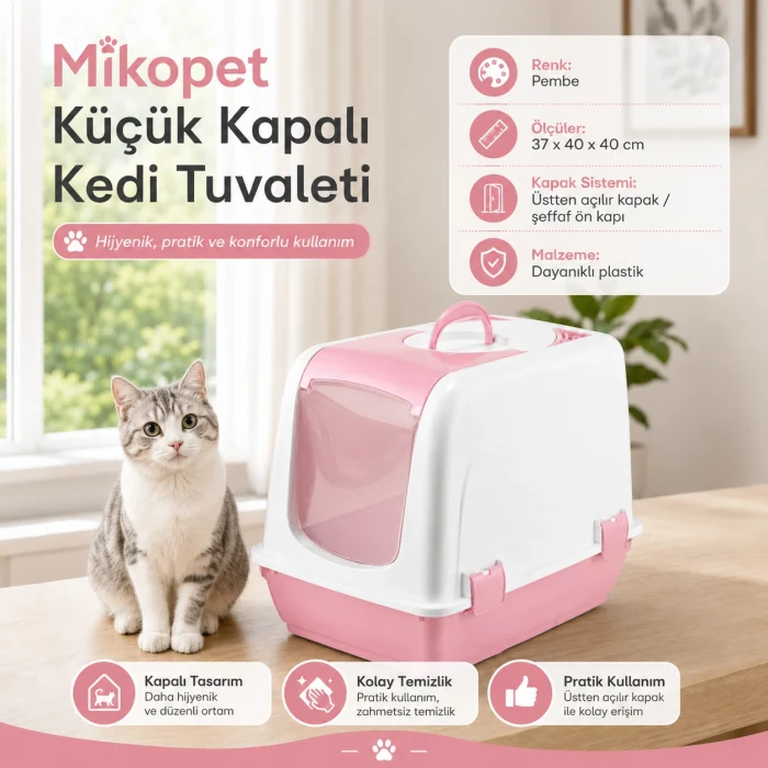 Mikopet Küçük Kapalı Kedi Tuvaleti Pembe