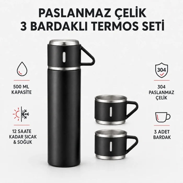 Paslanmaz Çelik 3 Bardaklı Termos Seti- 500 ml