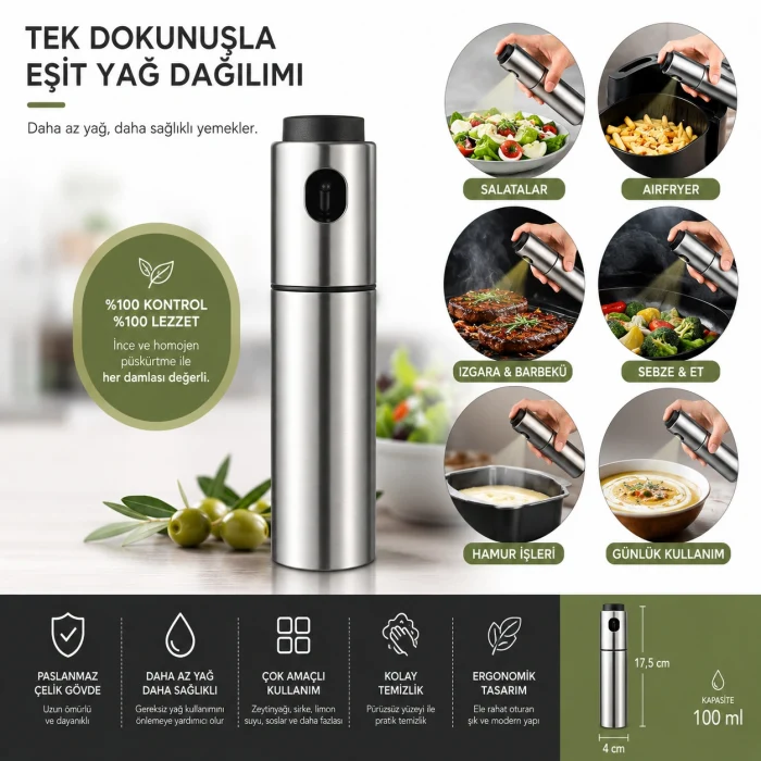 Paslanmaz Çelik Gövdeli Sprey Yağlık
