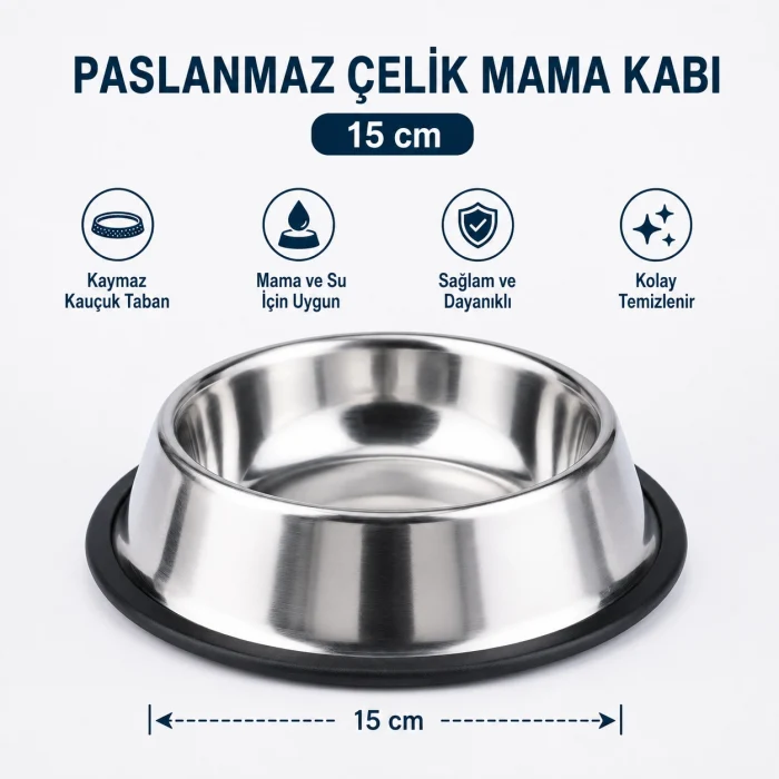 Paslanmaz Çelik Mama ve Su Kabı - 15 cm