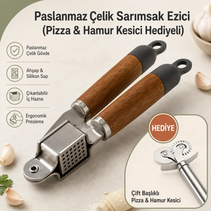 Paslanmaz Çelik Sarımsak Ezici / Pizza&Hamur Kesici Hediyeli