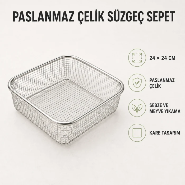 Paslanmaz Çelik Süzgeç Sepet - 24 x24 cm