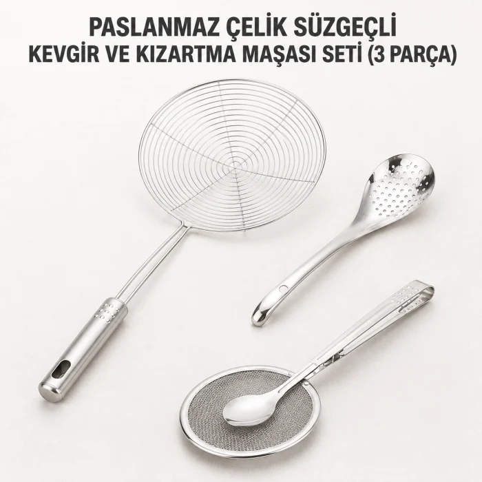 Paslanmaz Çelik Süzgeçli Kevgir ve Kızartma Maşası Seti - 3 Parça