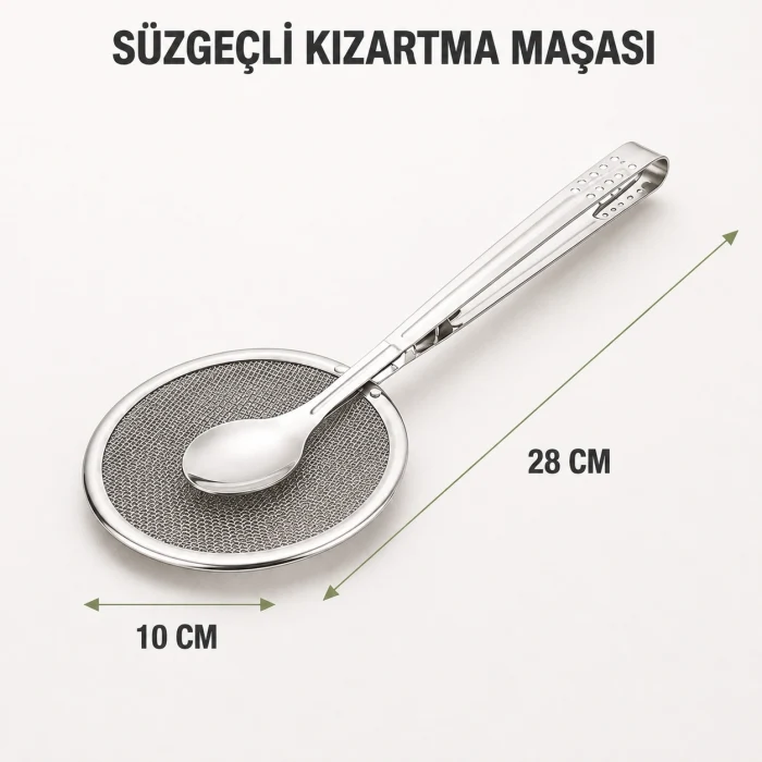 Paslanmaz Çelik Süzgeçli Kevgir ve Kızartma Maşası Seti - 3 Parça