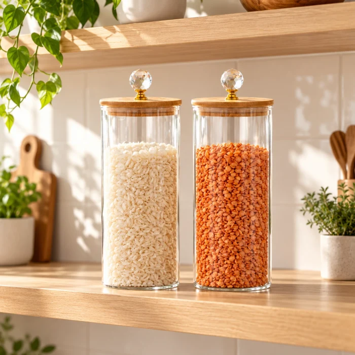 Şık Tasarımlı Bambu Kapaklı Saklama Kavanozu – 2’li Set