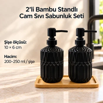 2li Bambu Standlı Cam Sıvı Sabunluk Seti - Siyah