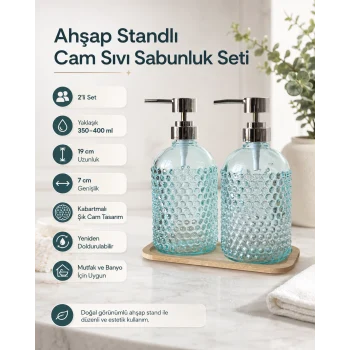 Ahşap Standlı İkili Cam Sıvı Sabunluk Seti