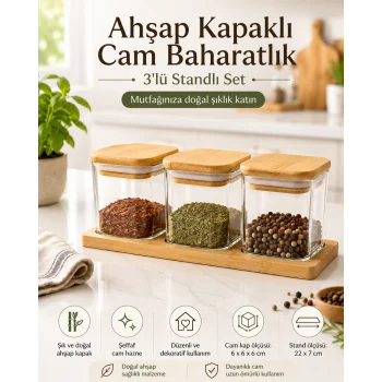 Ahşap Kapaklı Cam Baharatlık 3lü Set