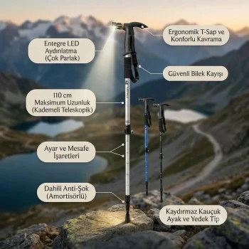 LED Işıklı & Amortisörlü Teleskopik Yürüyüş Batonu | 110 cm