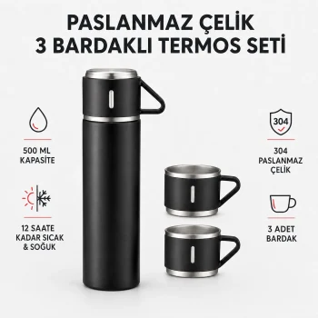 Paslanmaz Çelik 3 Bardaklı Termos Seti- 500 ml