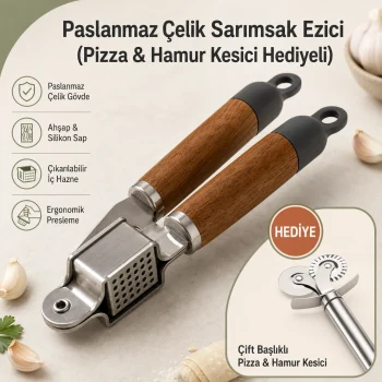 Paslanmaz Çelik Sarımsak Ezici / Pizza&Hamur Kesici Hediyeli