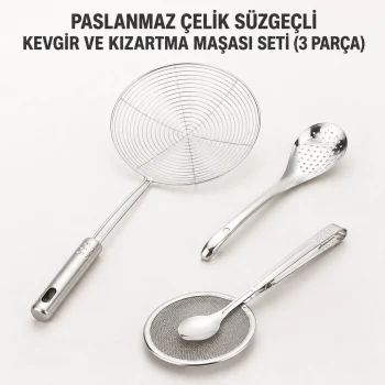 Paslanmaz Çelik Süzgeçli Kevgir ve Kızartma Maşası Seti - 3 Parça