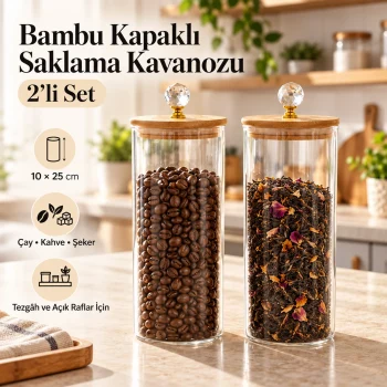 Şık Tasarımlı Bambu Kapaklı Saklama Kavanozu – 2’li Set